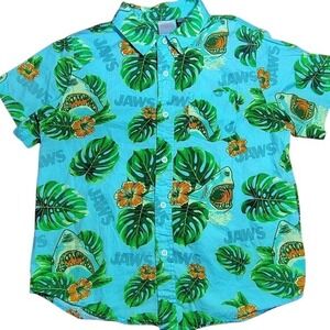 Kids Jaws Shark‎ Hawaiian Button Up Shirt Short Sleeve Blue Tropical LG
